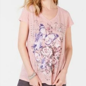 Style & Co V-Neck Pink Butterfly T-Shirt